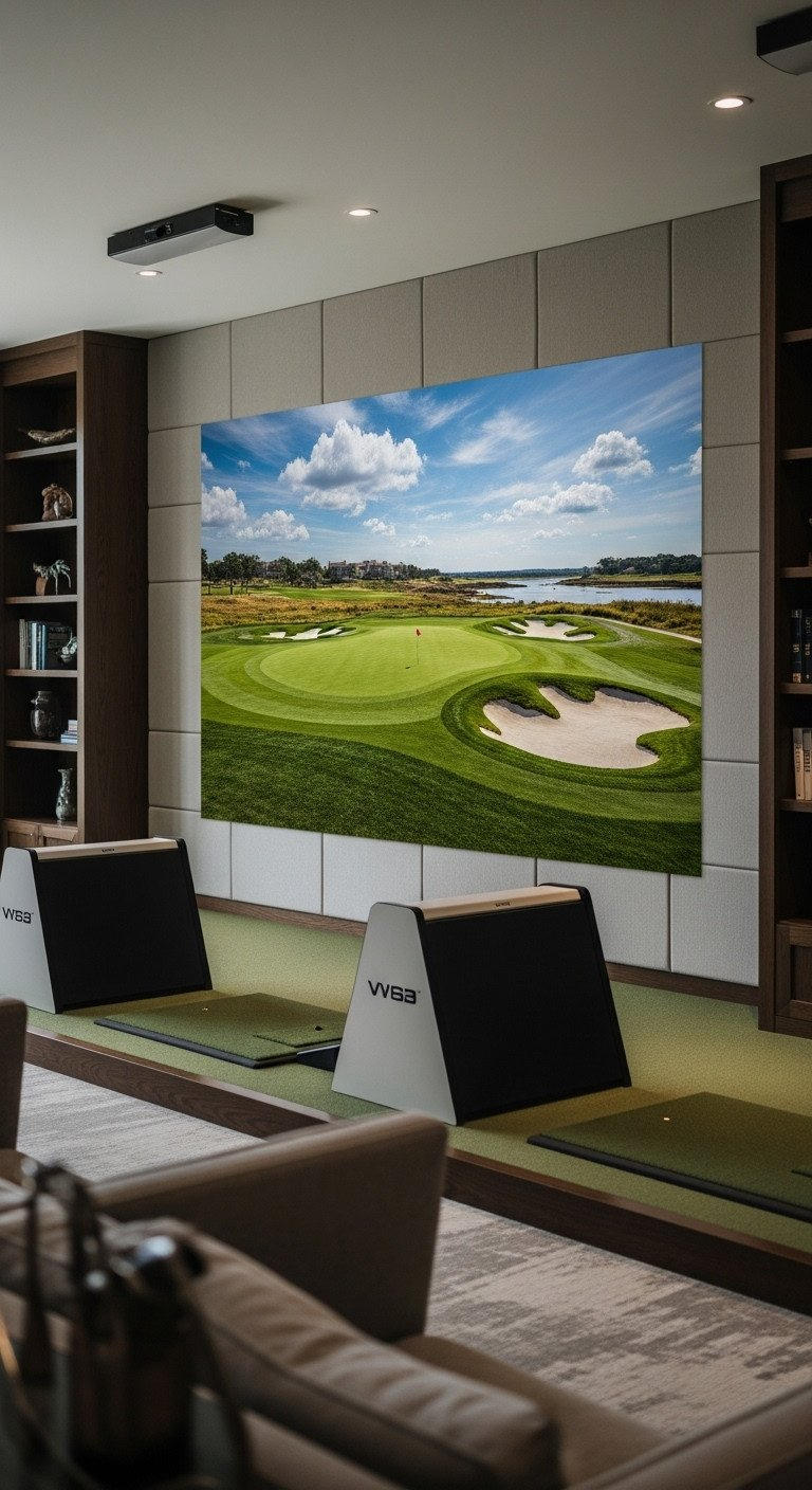 High-End Indoor Synthetic Putting Green In A Golf Man Cave With Professional Turf, Flagstick, Putters, And Titleist Ball.