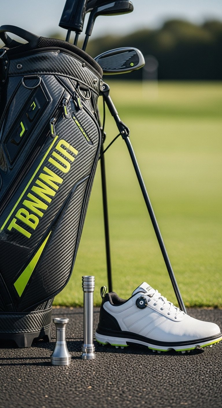 High-Performance Golf Accessories: Sleek Modern Carbon Fiber Bag With Neon Yellow-Green Accents.