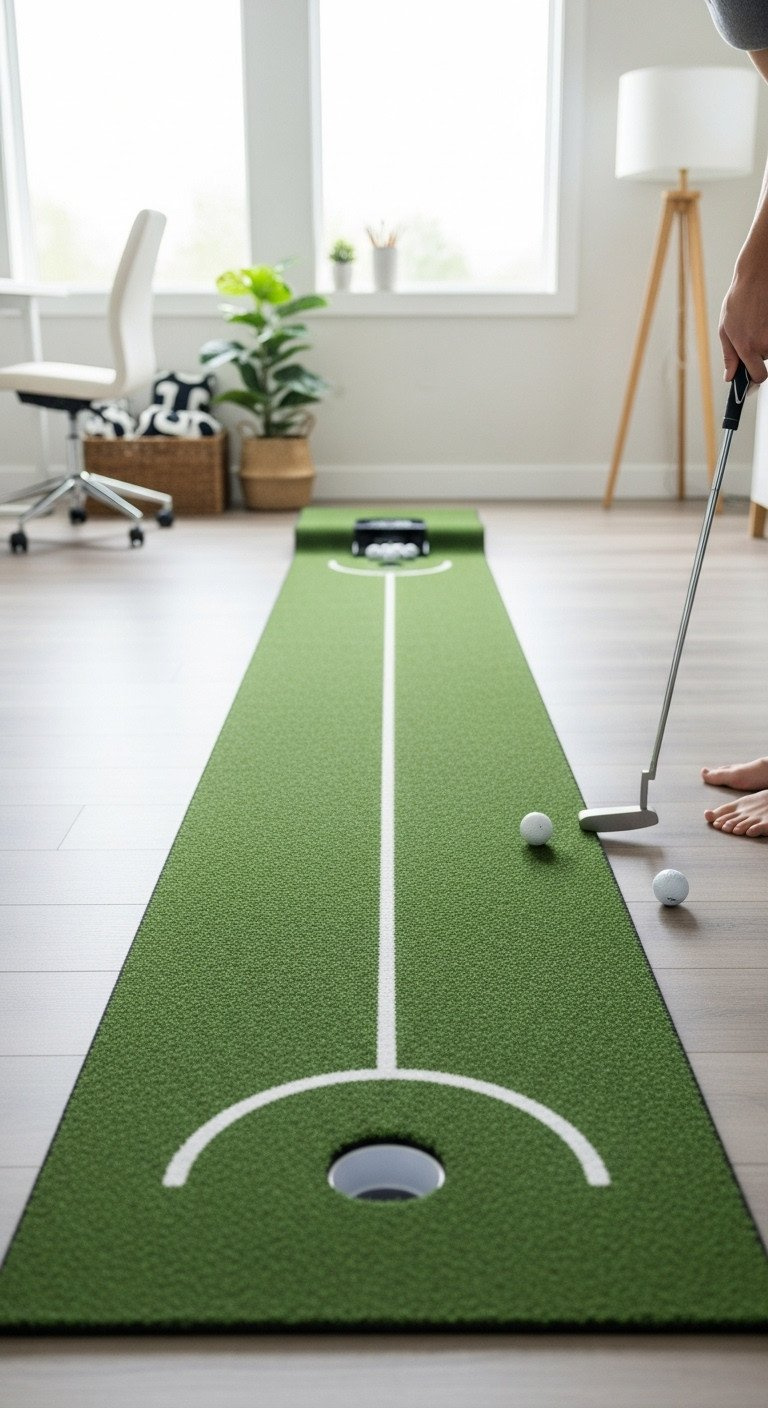 High-Quality Indoor Golf Putting Mat With Alignment Lines, Auto Ball Return, Putter In Home Office.