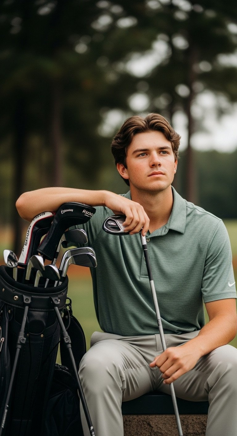 Ultimate Golf Photoshoot Ideas Poses And Pro Techniques High School Senior Golfer Portrait, Leaning Against Golf Bag, Holding Club, Relaxed, Shaded Course Background.