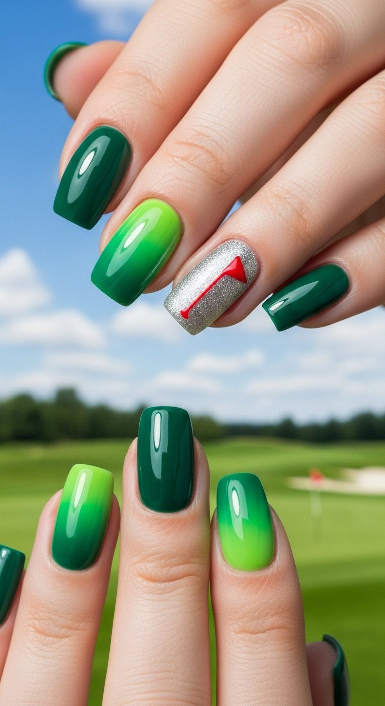 High-Shine Golf Turf Gradient Manicure: Emerald To Lime Green. Accent Nail With Silver Glitter Stripe, Red Dot (Flag).