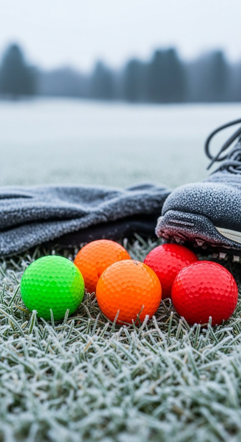 High-Visibility Neon Green, Matte Orange, Red Golf Balls On Frosted Grass/Snow. Contrasting Winter Golf Landscape.