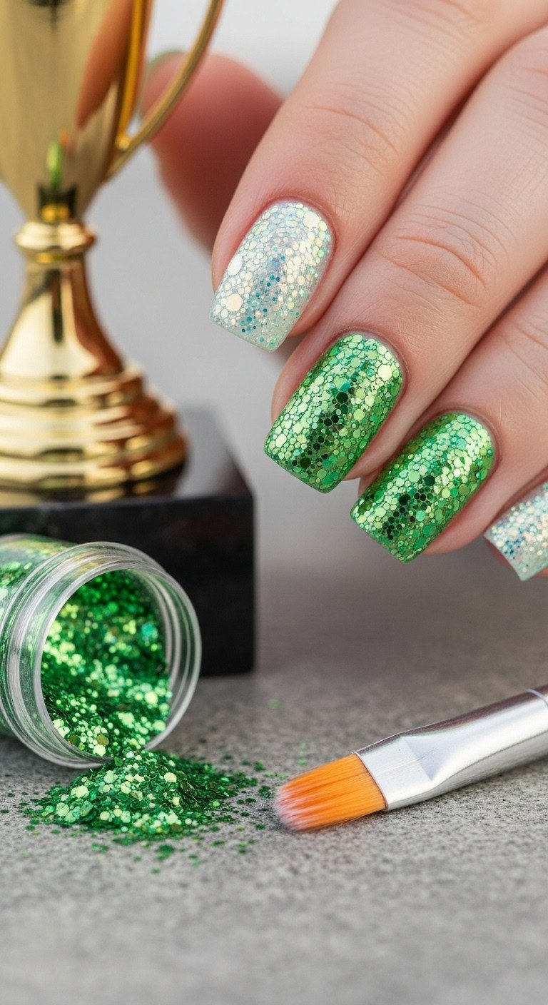 9 Genius Golf Nail Art Designs That Last Through Your Game 'Hole-In-One' Iridescent Chunky Green And White Glitter Accent Nail Art. Stone Surface, Blurred Golf Trophy, Loose Glitter.
