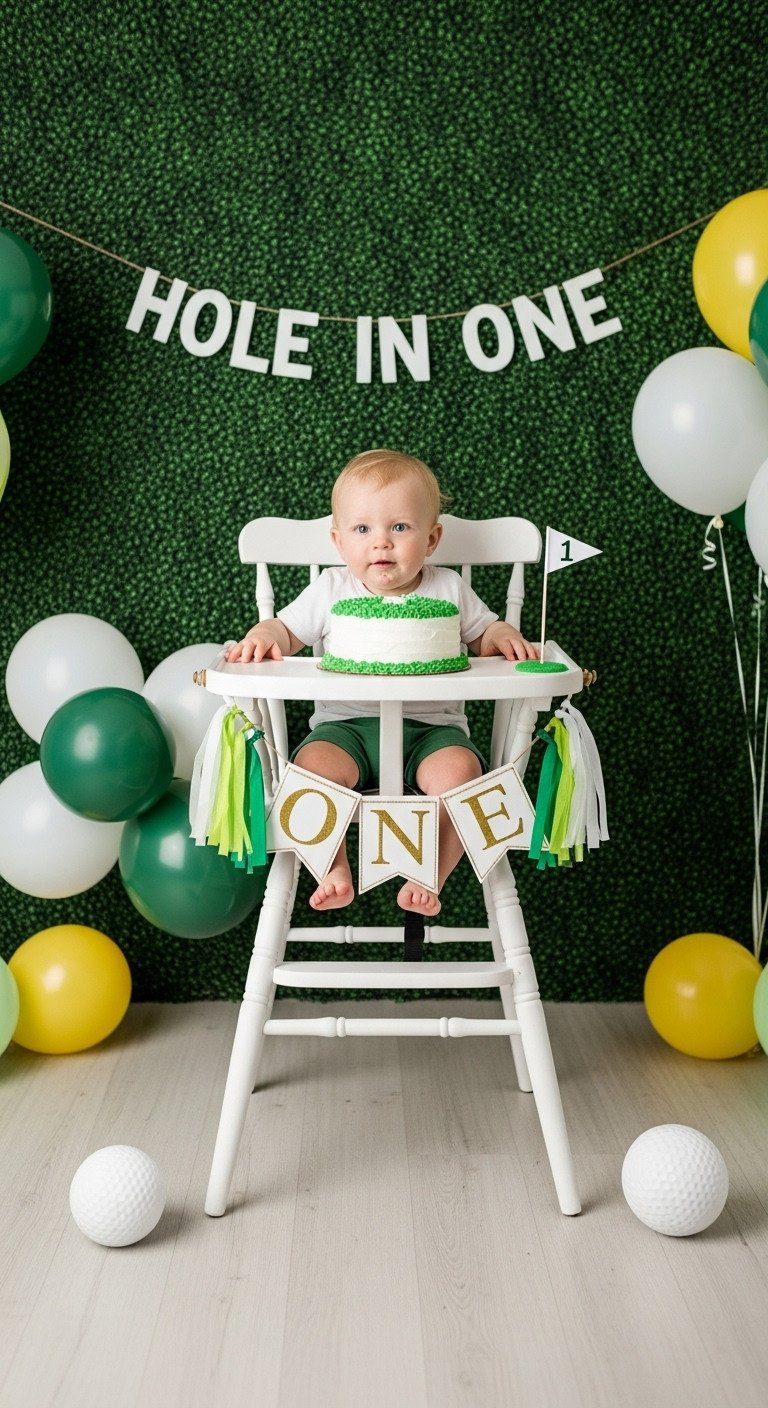 Genius Hole In One Party Ideas Plus Age Safe Planning Hole In One First Birthday Smash Cake Scene With White High Chair, Green And White Balloons, Golf Turf Cake, And Foam Golf Balls.