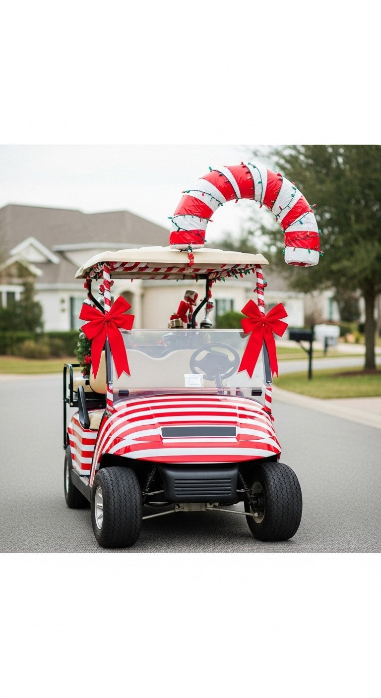 11 Non Damaging Golf Cart Christmas Ideas And Wiring Hacks Holiday Golf Cart Featuring A Custom Red And White Striped Candy Cane Arch With Lights And Bows, On A Residential Street.
