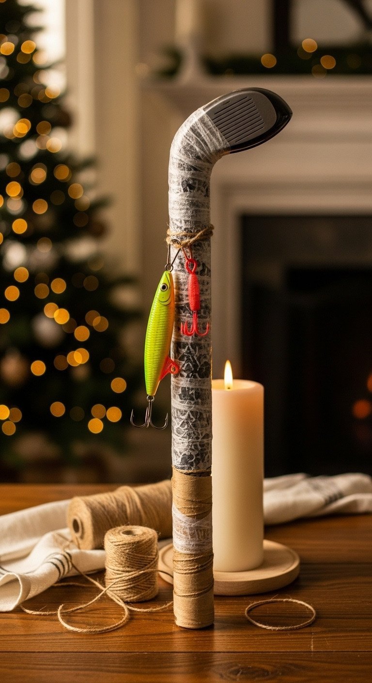 Humorous Golf Club Gift, Wrapped Like A Fishing Rod With Twine &Amp; Lures, On Rustic Wooden Table, Blurred Christmas Tree.