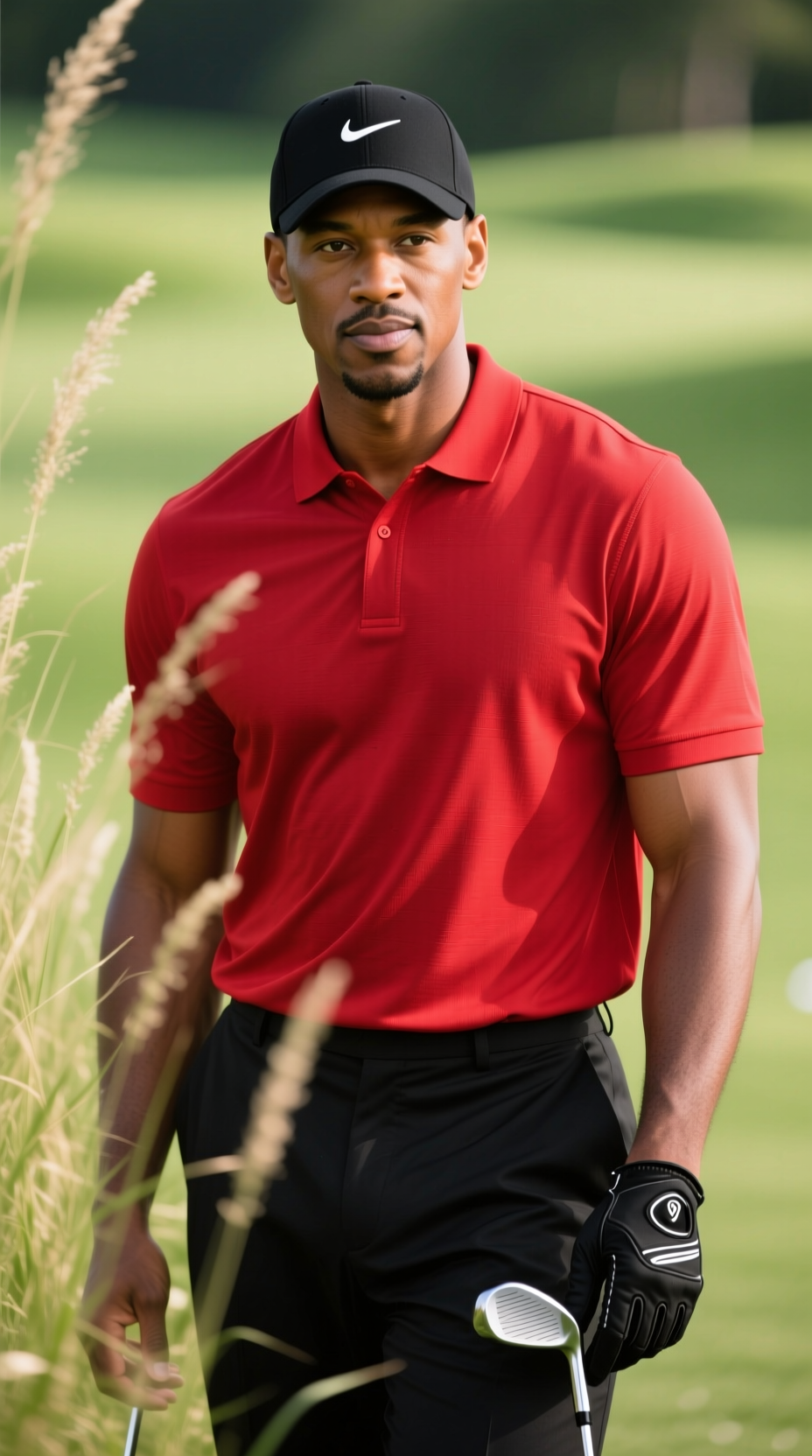 Humorous Sand Trap Victim Golfer Costume With Dusty Polo And Khakis, Holding A Small Rake, Looking Frustrated.