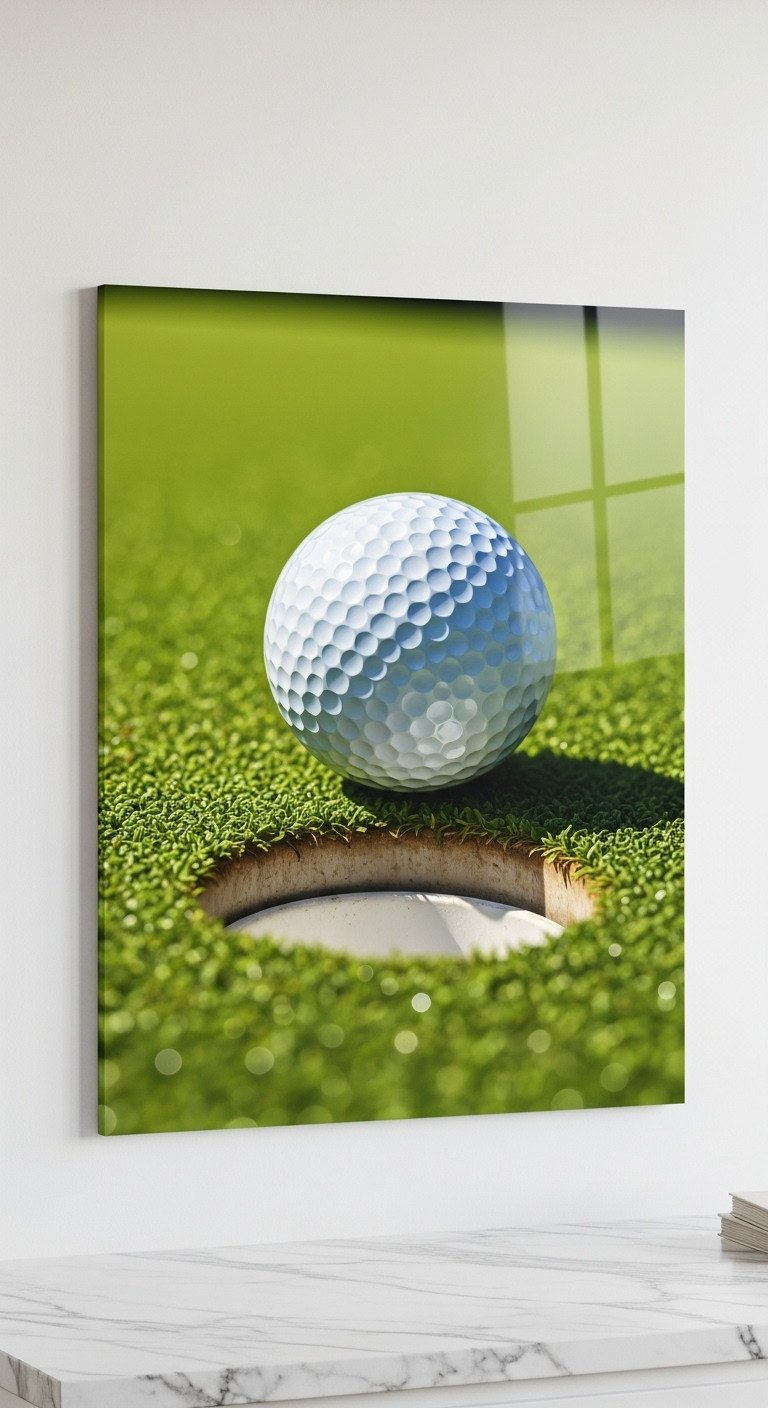 Hyper-Realistic Golf Painting: Close-Up Of Ball On Hole Lip, Green Texture, Dew, Sharp Shadows On Marble Counter.