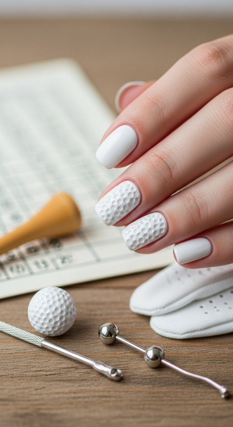 9 Genius Golf Nail Art Designs That Last Through Your Game Hyperrealistic Golf Ball Dimple Nail Art On White Nails With Pale Grey 3D Texture. Rustic Wooden Table, Golf Scorecard, Tee, White Glove.