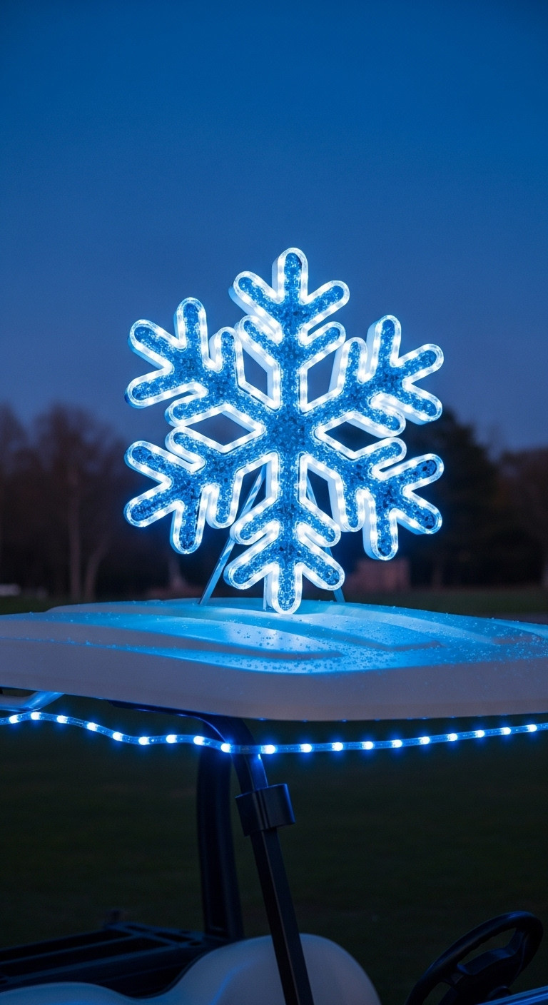 Illuminated Foam Snowflake With Bright Blue And White Led Rope Lights On Golf Cart Front, Accented With Fake Snow.