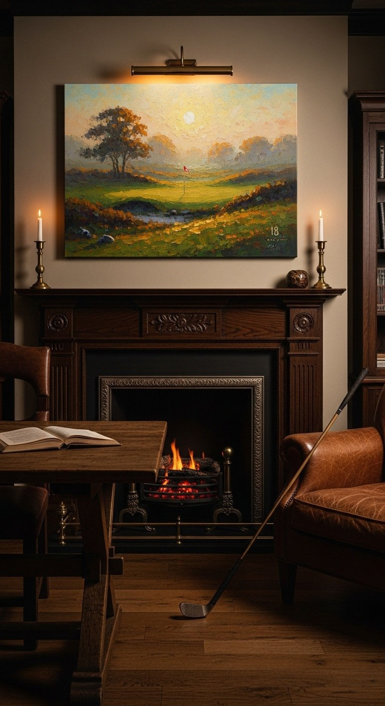 Impressionistic Golf Landscape Painting, 18Th Hole St Andrews, Warm Golden Light Over Dark Wood Fireplace Mantle.