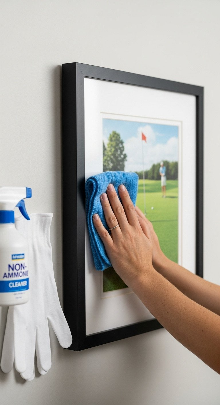 Smart Guide To Golf Wall Art Quality Sizing And Style Individual Gently Dusting Framed Golf Wall Art With A Microfiber Cloth, Showcasing Careful Maintenance For Preserving Artwork Clarity.