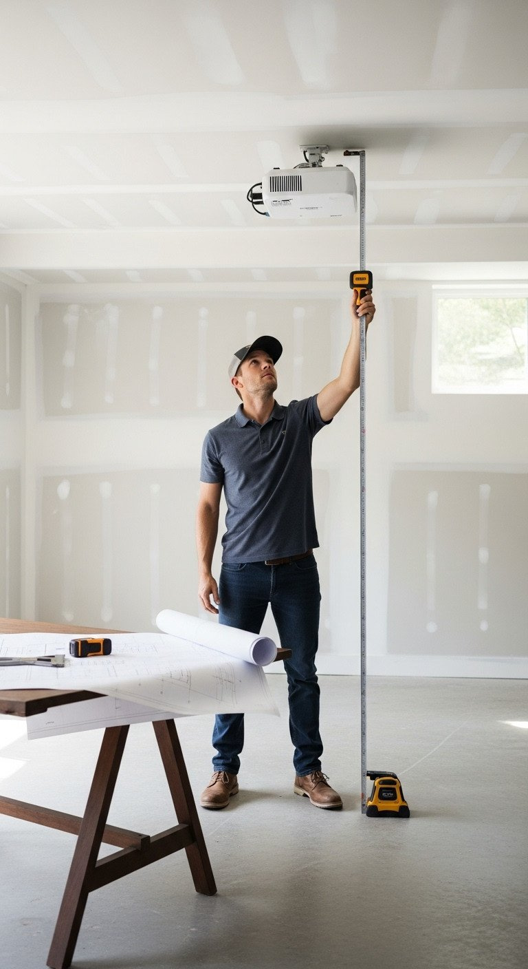 Installer Measures Basement Ceiling Height With A Laser For Golf Simulator Planning, Showing Vertical Space.