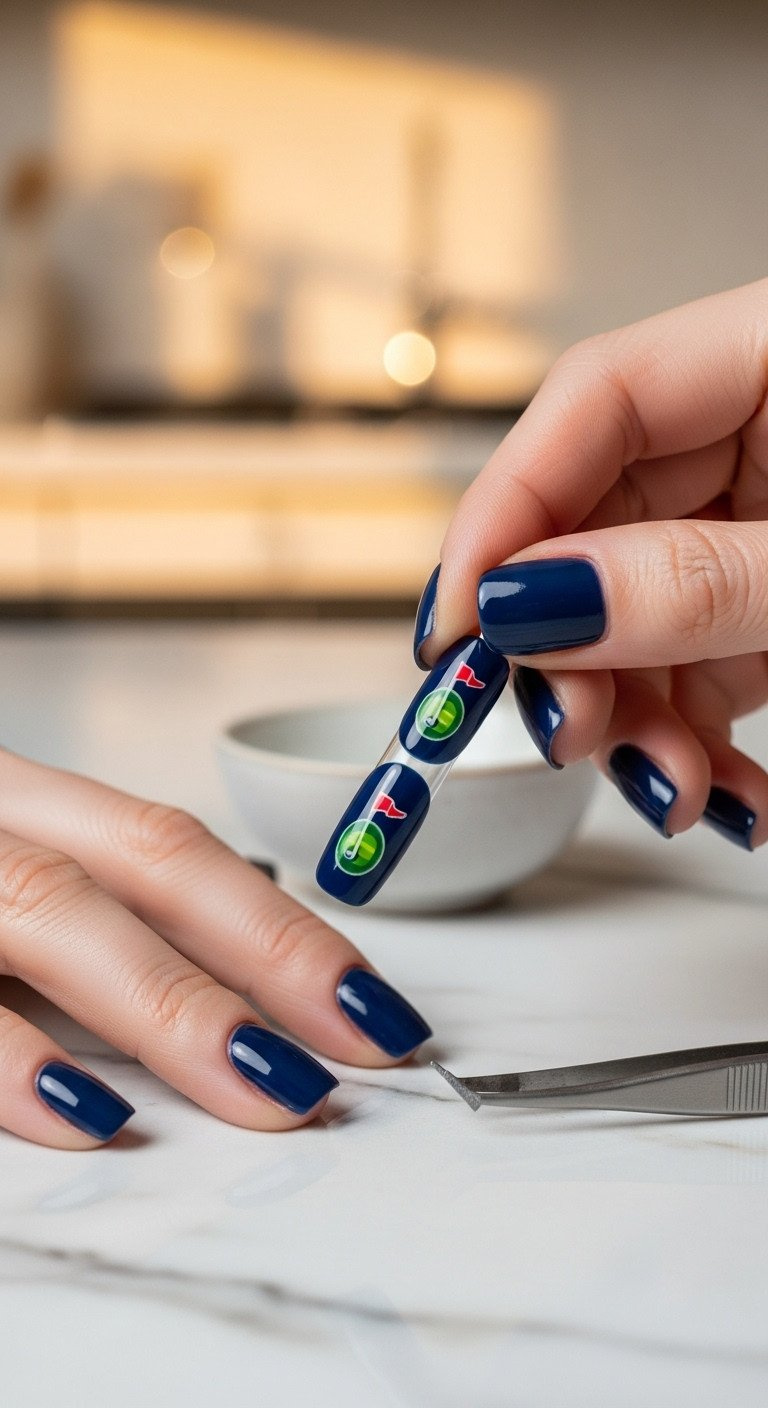9 Genius Golf Nail Art Designs That Last Through Your Game Intricate Golf Club Logo Water Slide Decal Nail Art On Deep Navy. Marble Counter, Bowl Of Water, Tweezers, Crisp Detail.