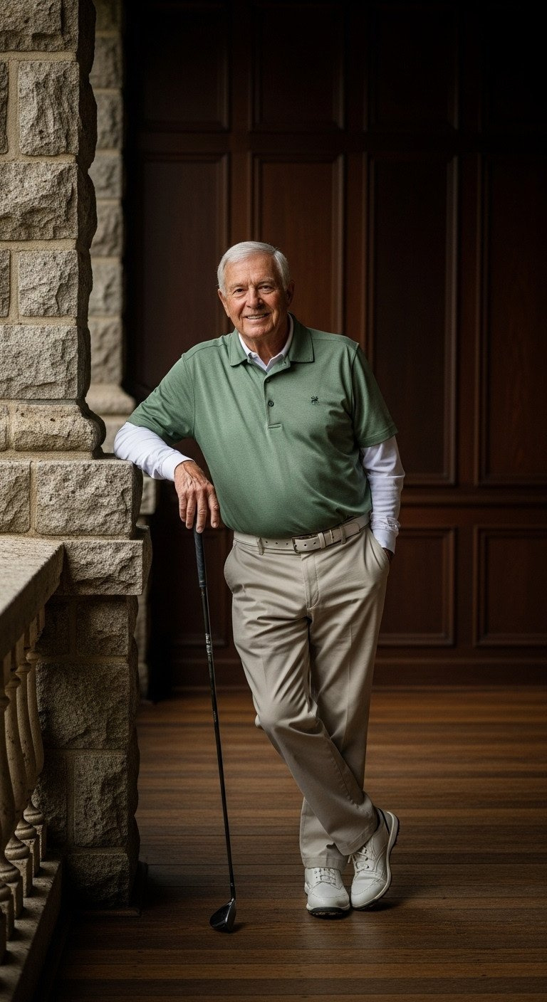 11 Golf Senior Picture Secrets And Pro Photography Tips Inviting Portrait Of Senior Golfer In Formal Golf Attire On Rustic Clubhouse Veranda, Stone And Wood.