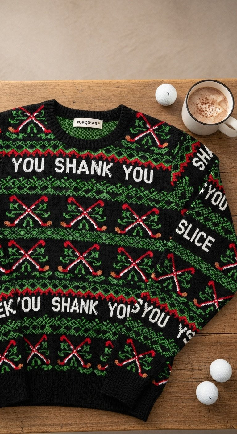 Knitted Christmas Sweater With Bold Golf Slang, Crossed Clubs, And Mistletoe Pattern. Flat Lay On Rustic Wood With Golf Balls And Cocoa.