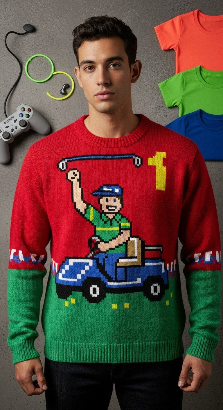 Knitted Sweater With Vibrant Pixelated 8-Bit Golfer Graphic, Retro Video Game Aesthetic. Flat Lay With Vintage Controller And Neon Tees.