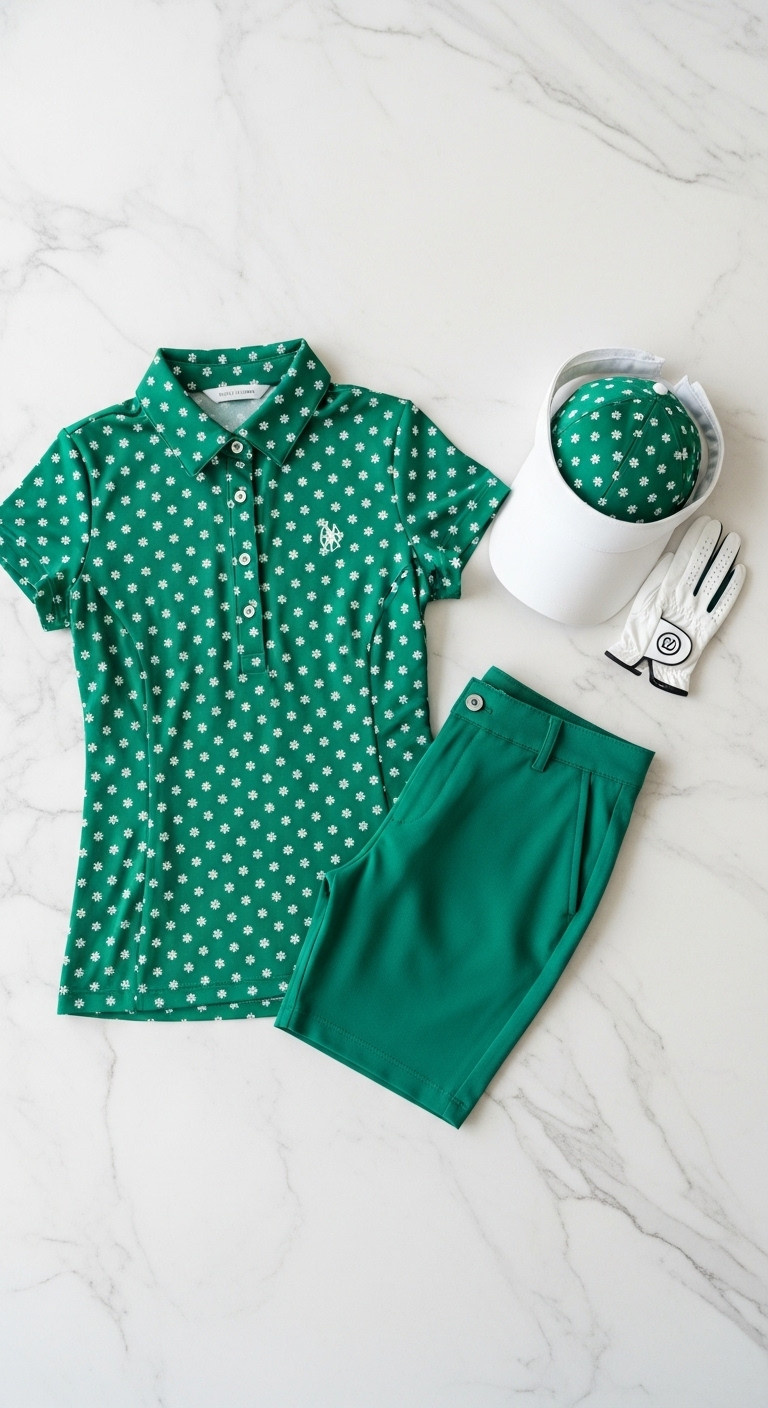 Ladies' Vibrant Green Slim-Fit Golf Polo, Elegant Snowflake Pattern, With White Golf Visor And Glove On Marble.