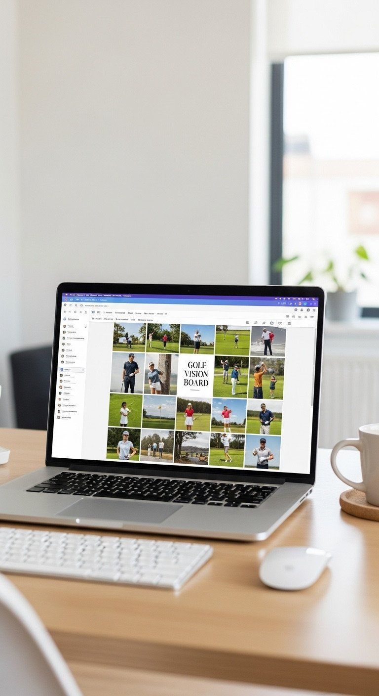 Laptop Screen Displaying A Vibrant Digital Golf Vision Board Template With Golf Images On A Modern Wooden Desk.