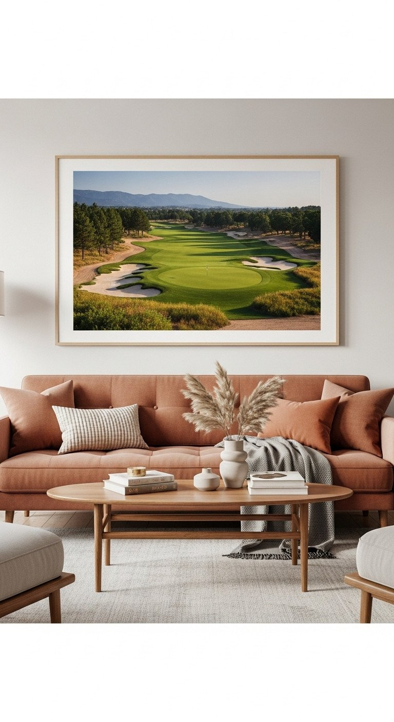Golf Wall Art: Expert Design And Installation Guide Large Framed Golf Course Vista Print Centered Above A Mid-Century Modern Sofa, Demonstrating Perfect Art Scale In A Cozy Living Room.