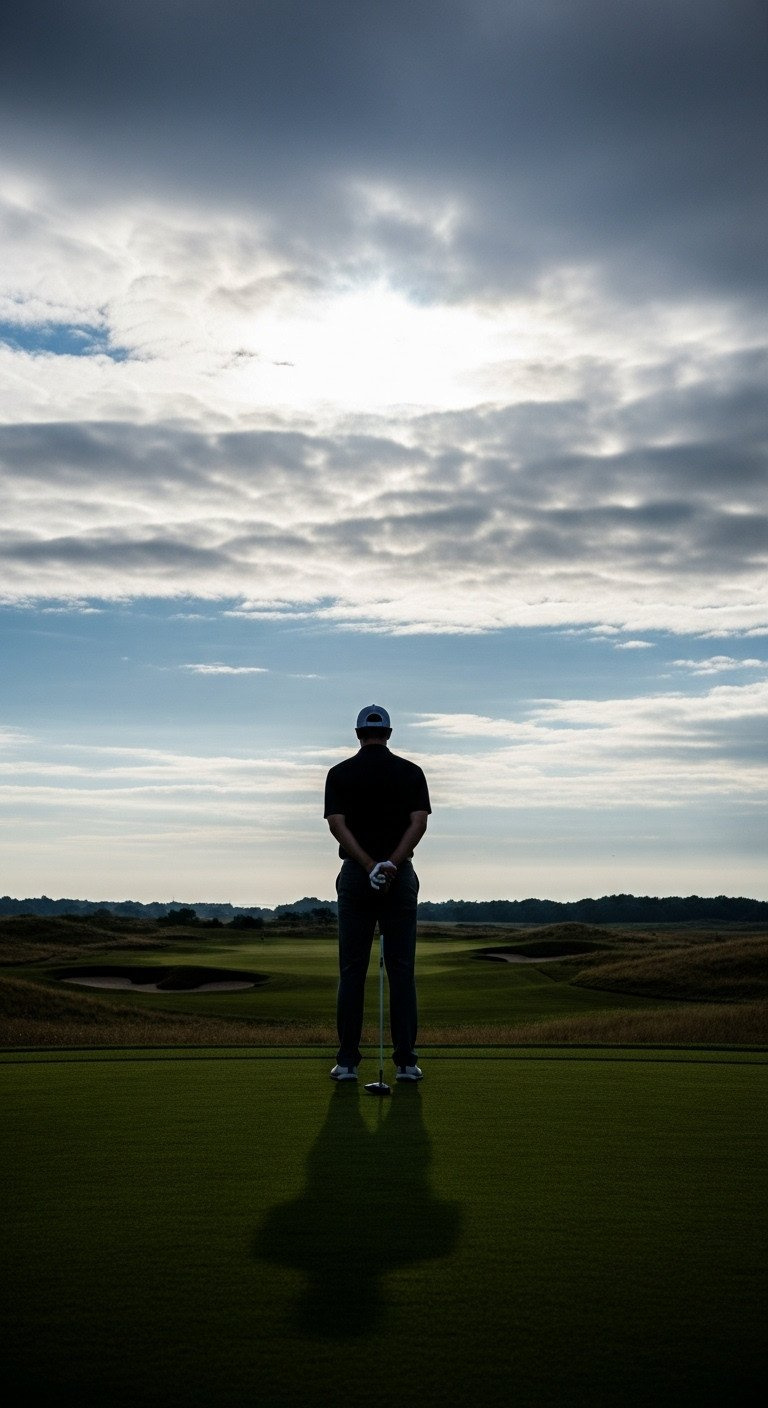 Lone Golfer Silhouetted Against Dramatic Cloudy Sky On Expansive Golf Landscape, Pausing In Deep Reflection. Golf Introspection.