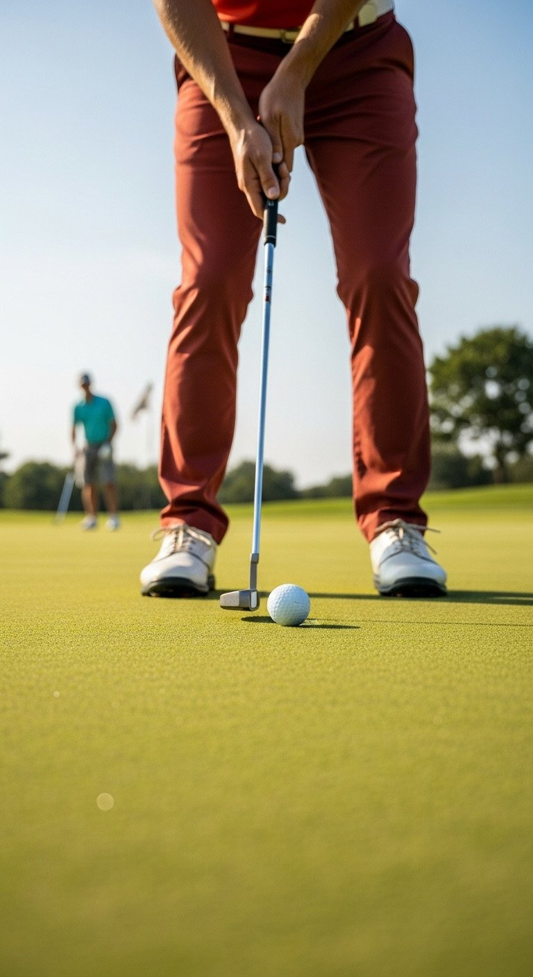 Ultimate Golf Photoshoot Ideas Poses And Pro Techniques Low-Angle View Of A Golfer Putting On A Manicured Green, Towering Over The Ball And Putter, Intense Focused Perspective.