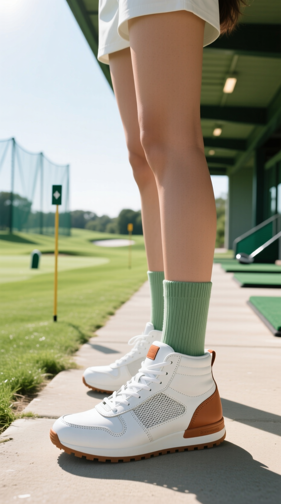 Low-Angle View Of Woman'S High-Top Golf Shoes And Crew Socks Paired With A Sage Green Pleated Skort At A Driving Range.