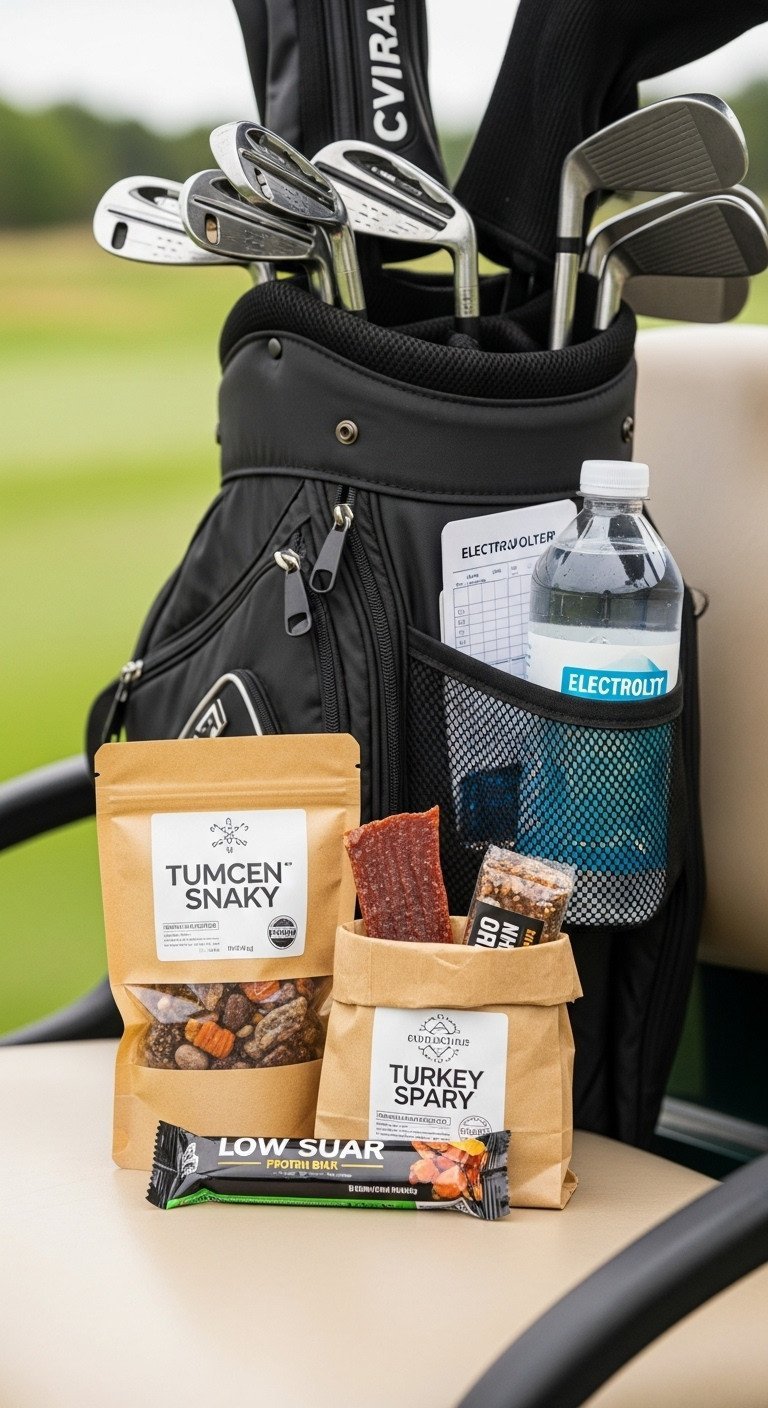 Low-Glycemic Golf Snacks: Trail Mix, Jerky, Protein Bar, Water, In A Golf Bag Pocket On A Golf Cart.