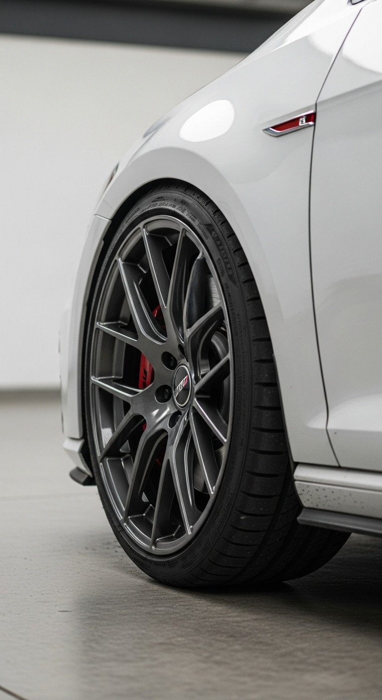 Lowered Vw Golf Mk7, Close-Up Of Front Wheel Arch With Dark Aftermarket Wheel And Performance Tire, Flush Fitment, Painted Brake Calipers.