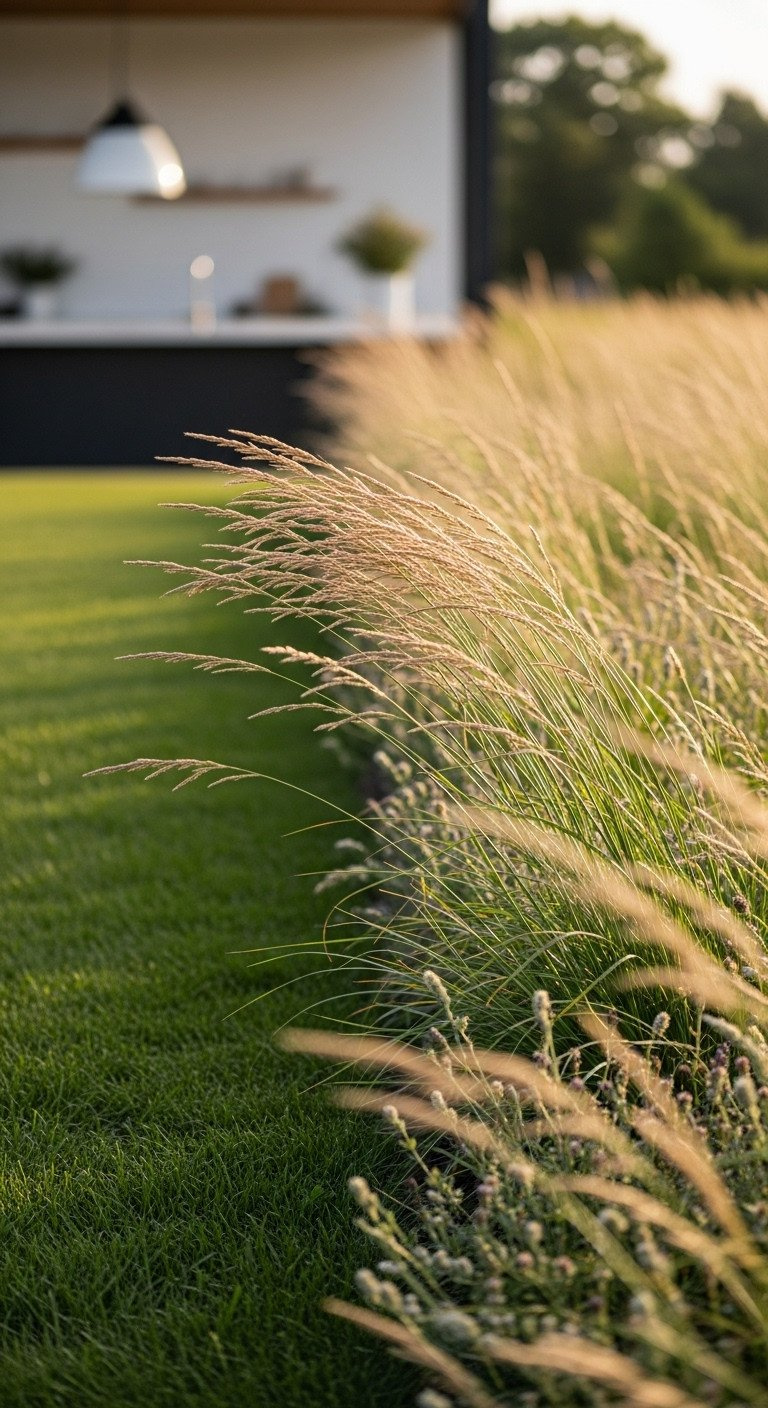 Lush Dark Turf Meets Wind-Blown Native Fescue Grass. High Texture And Color Contrast, Swaying Seed Heads.