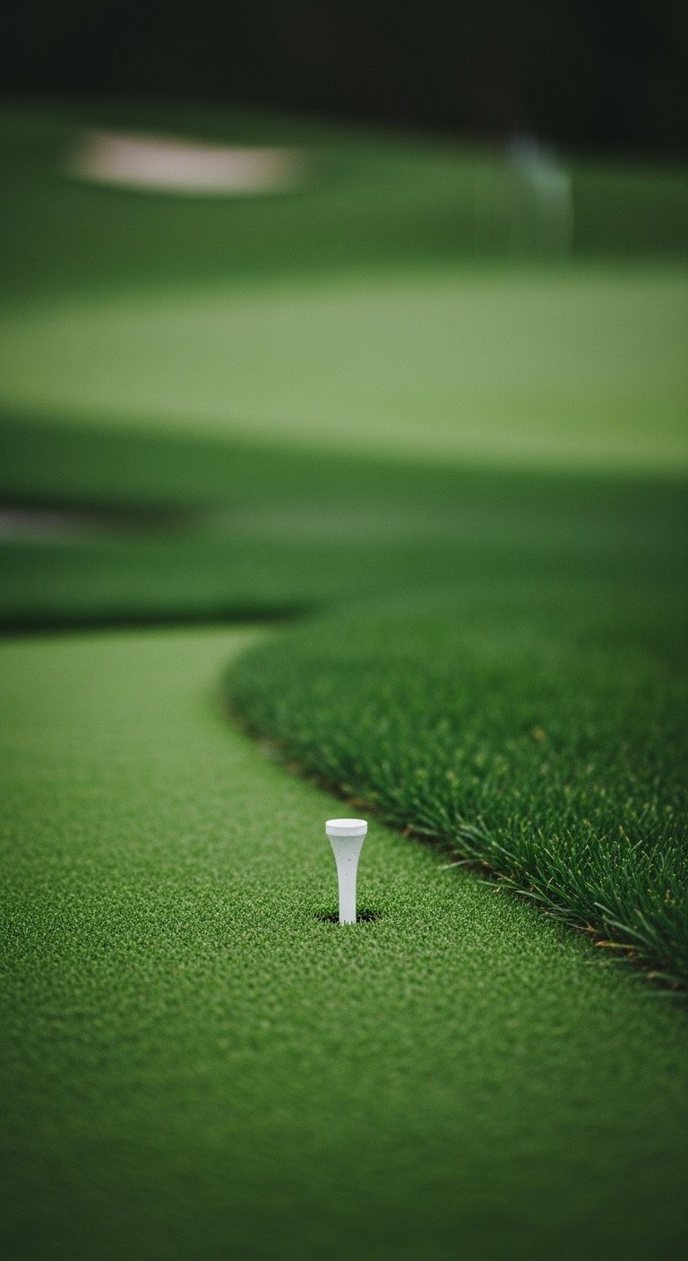 Lush Golf Landscape: Deep Green Emerald And Moss Grass With Incredible Texture And A Golf Tee.