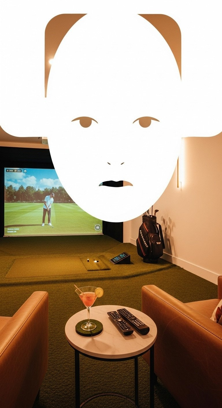 Luxurious Golf Simulator Room With Comfortable Seating, Synthetic Turf, Led Lighting, And Golf-Themed Cocktail On Side Table.