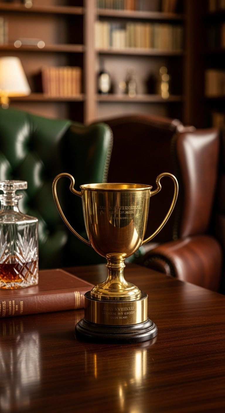 Luxurious Traditional Golf Club Interior: Aged Chestnut Leather, Polished Brass, Forest Green Velvet.