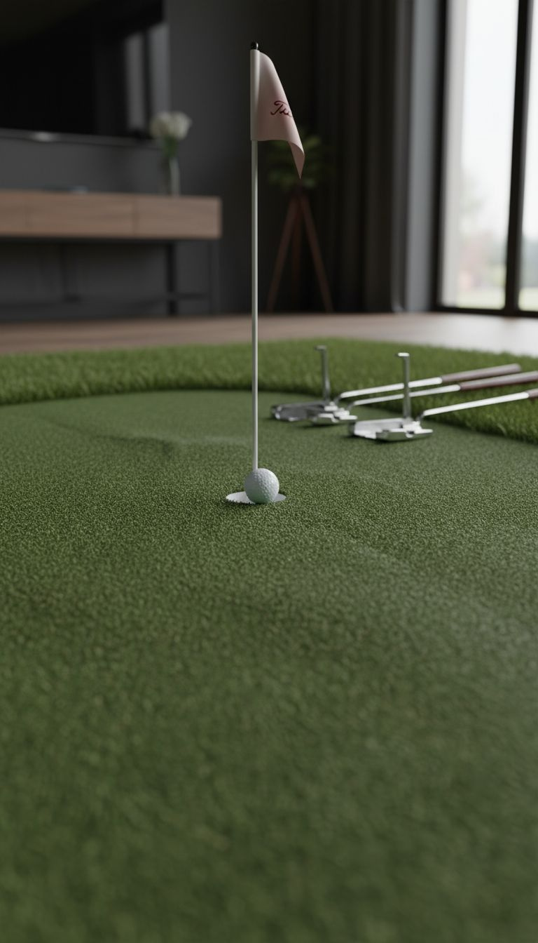 Luxury '19Th Hole' Wet Bar In A Golf Man Cave With Dark Wood, Marble Counter, Beverage Fridge, Golf Glassware, Leather Stools.