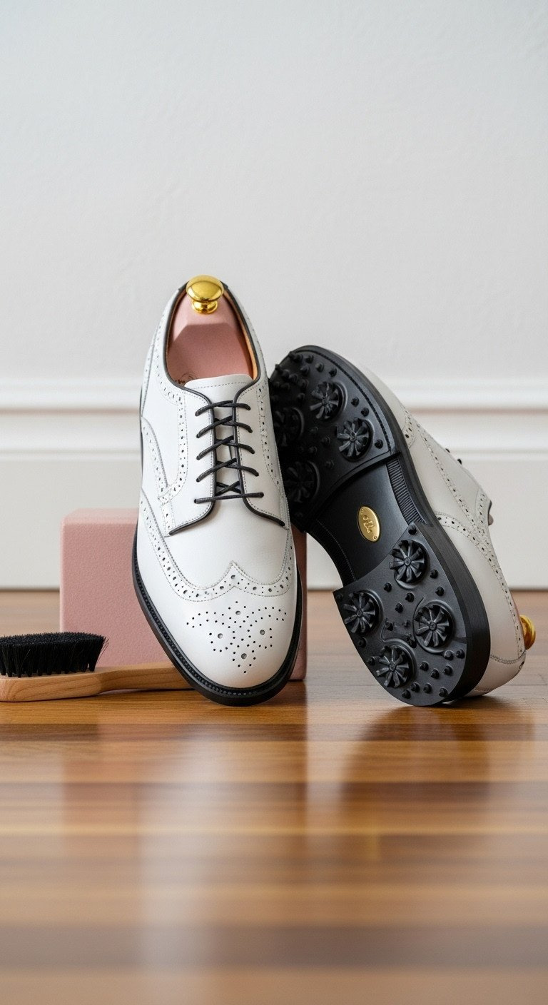 Luxury White &Amp; Black Leather Hybrid Golf Shoes, Wingtip Design. Polished Finish, Performance Sole, Brush &Amp; Shoe Trees.