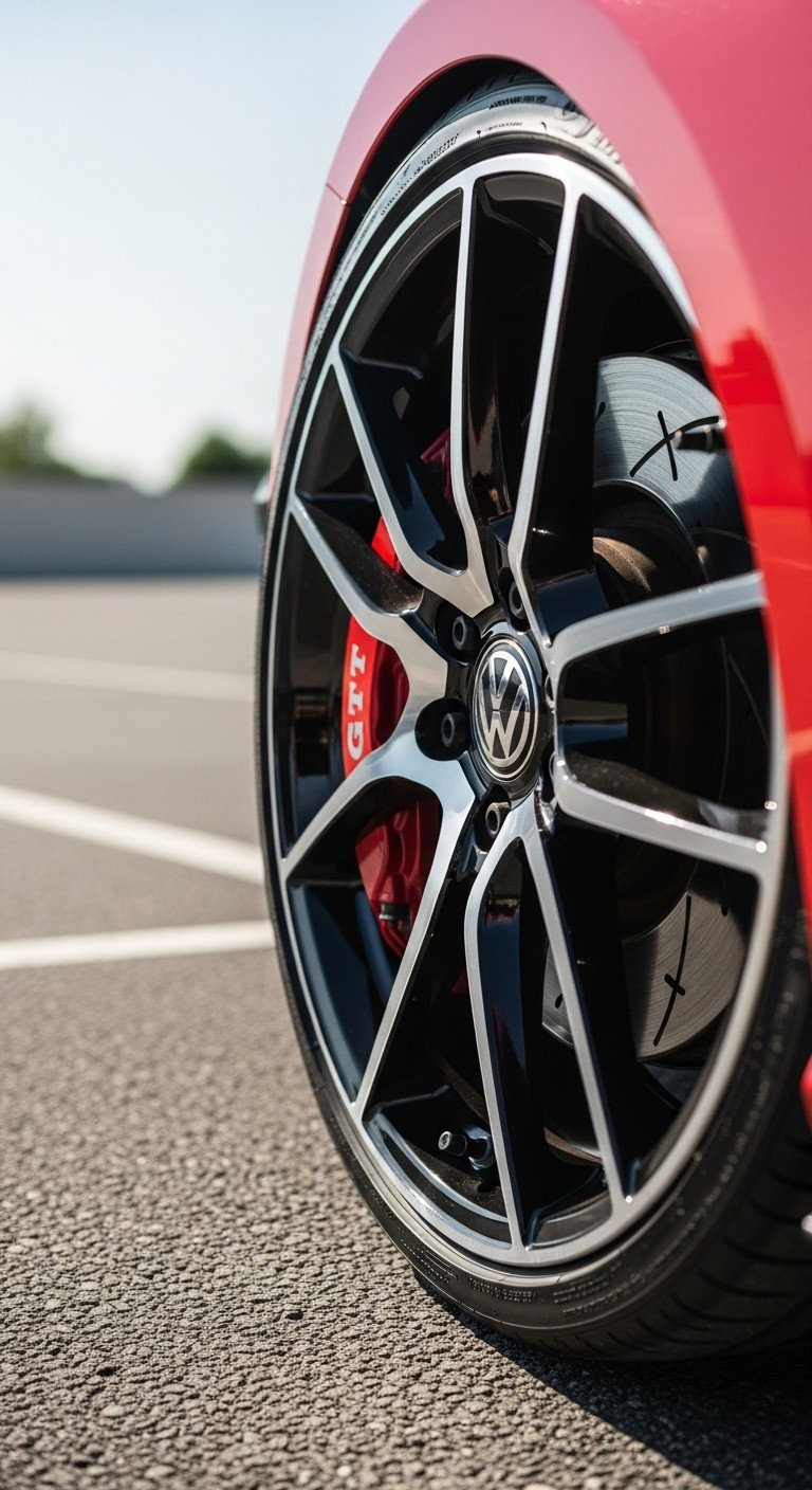 Macro Close-Up Of Bright Red Vw Golf Brake Caliper With Gti Logo, Shining Through Aftermarket Wheel Spokes, Highlighting Performance.