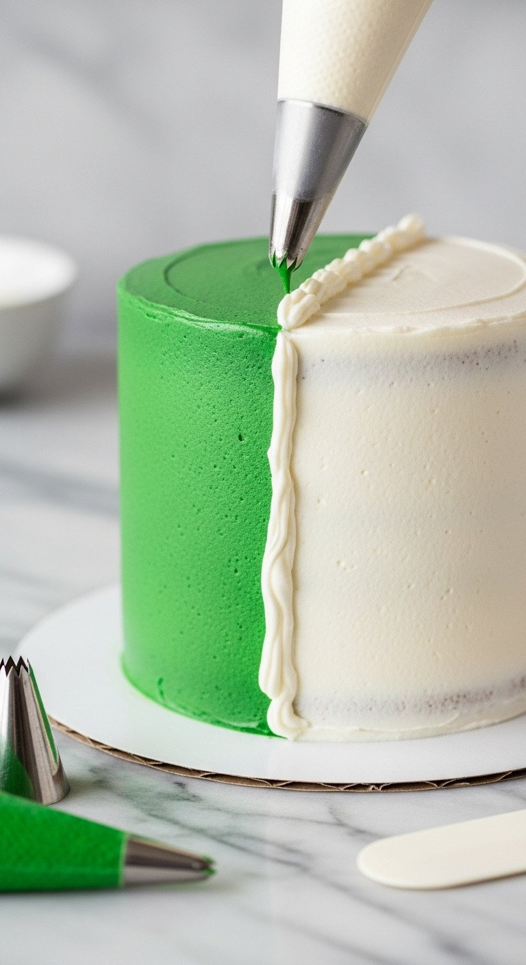 Golf Cake Piping Secrets For Structural Stability Guide Macro Close-Up Of Vibrant Green And Pure White Buttercream Meeting With A Crisp, Clean Line On A Cake, Showing Perfect Color Separation.