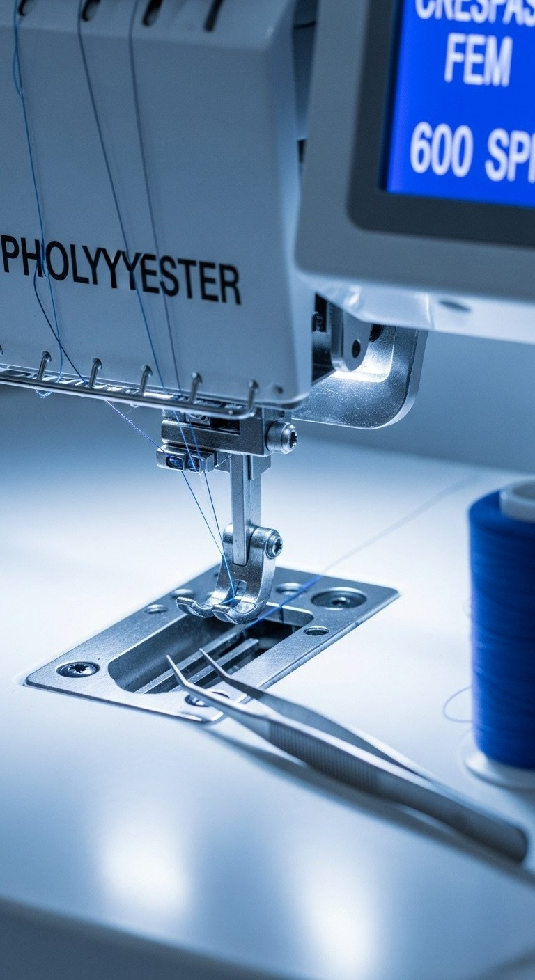 The 7 Secrets To Perfect Golf Embroidery On Bags And Polos Macro Close-Up Of Vibrant Polyester Embroidery Thread Passing Through Machine Tension Discs, Highlighting Precise Calibration And Guides.