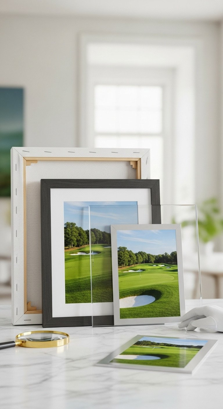 Smart Guide To Golf Wall Art Quality Sizing And Style Macro Comparison Of Golf Course Art: Textured Canvas, Framed Paper Print Under Glass, And Glossy Metal Print, Showcasing Distinct Finishes.