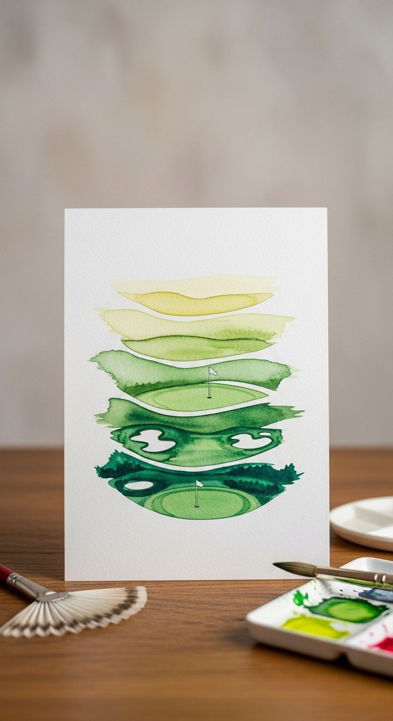 Macro Detail Of Watercolor Landscape: Layered Green Washes On Golf Fairway, Creating Rich Grass Texture And Shadows.