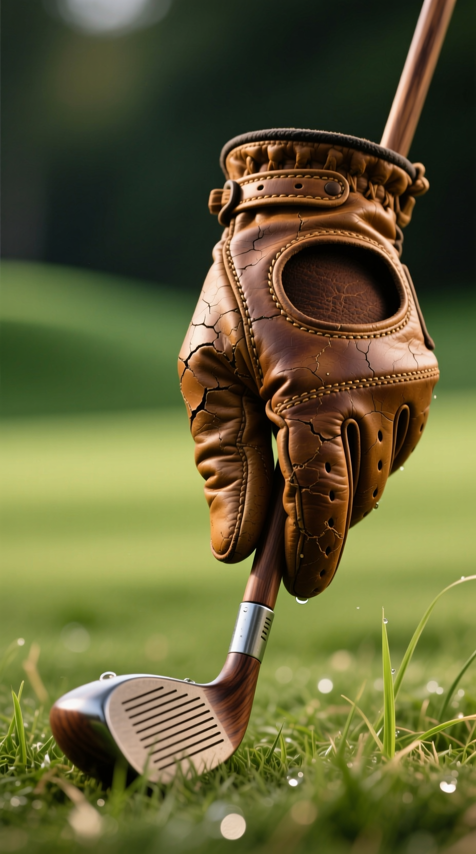 Macro Detail Shot Of A Hand In A Worn Leather Golf Glove Gripping A Vintage Wooden Golf Club On A Green Fairway.