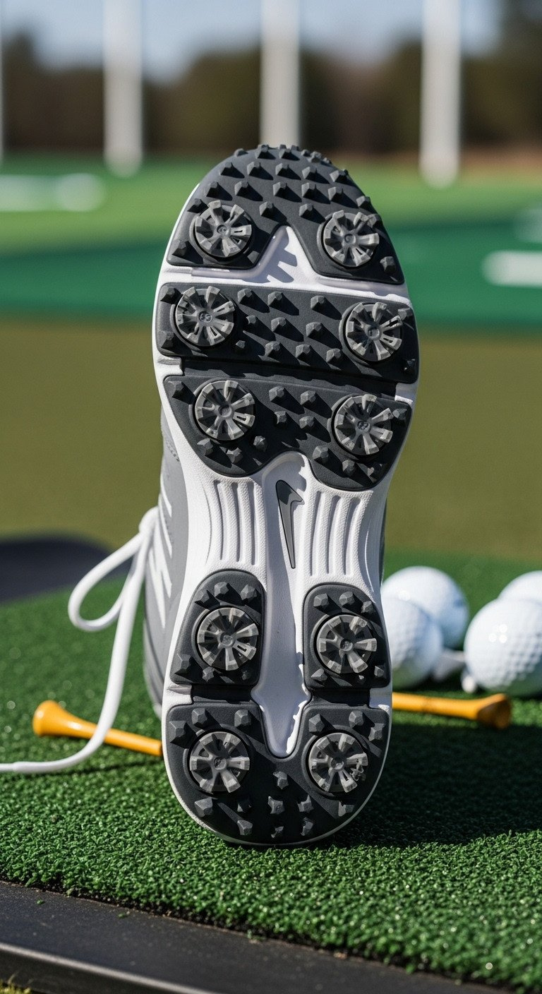 9 Perfect Golf Range Outfit Ideas For Style And Comfort Macro Of Clean Gray &Amp; White Spikeless Golf Shoe On Damp Range Mat, Highlighting Aggressive Tread For High-Traction Stability.