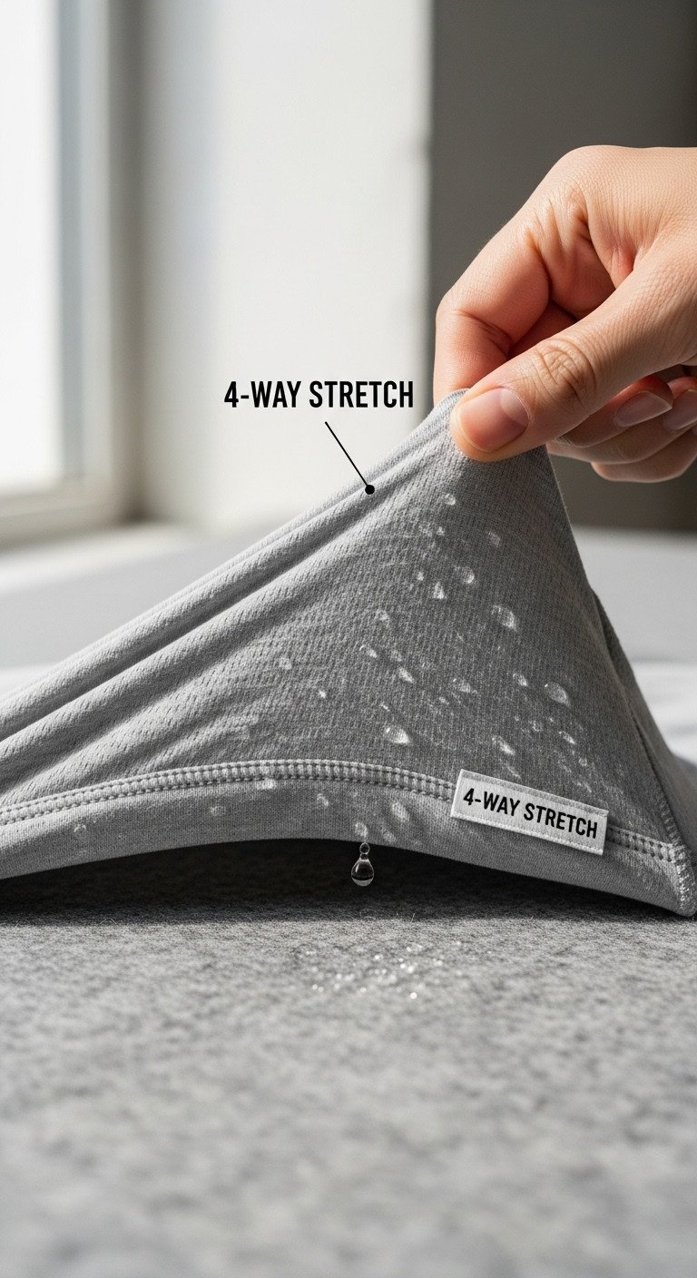 Macro Of Gray Four-Way Stretch Golf Fabric, Highlighting Intricate Weave, Elasticity, Breathable, Moisture-Wicking Texture And Subtle Water Droplets.