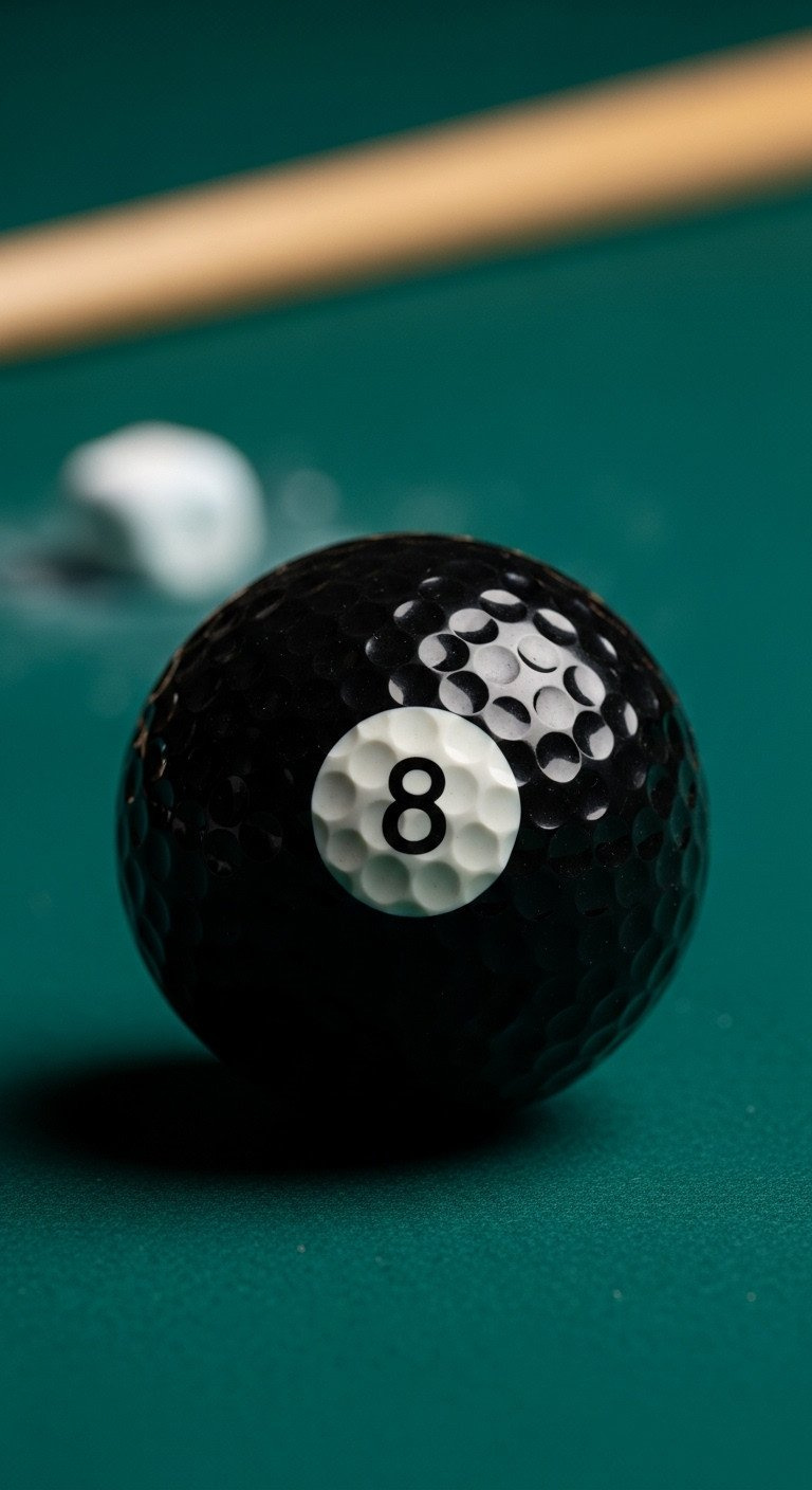 Macro Photo Of A Golf Ball Marked Like A Classic Black 8-Ball, Resting On Dark Green Felt With A Blurred Pool Cue Nearby.