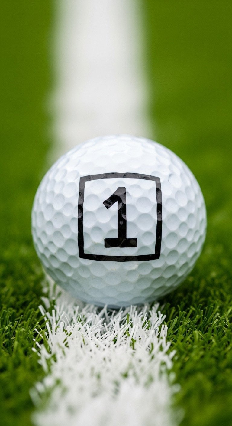 Macro Photo Of A Golf Ball On Artificial Turf With A Hand-Drawn First Down Football Marker Showing The Number '1' Inside.