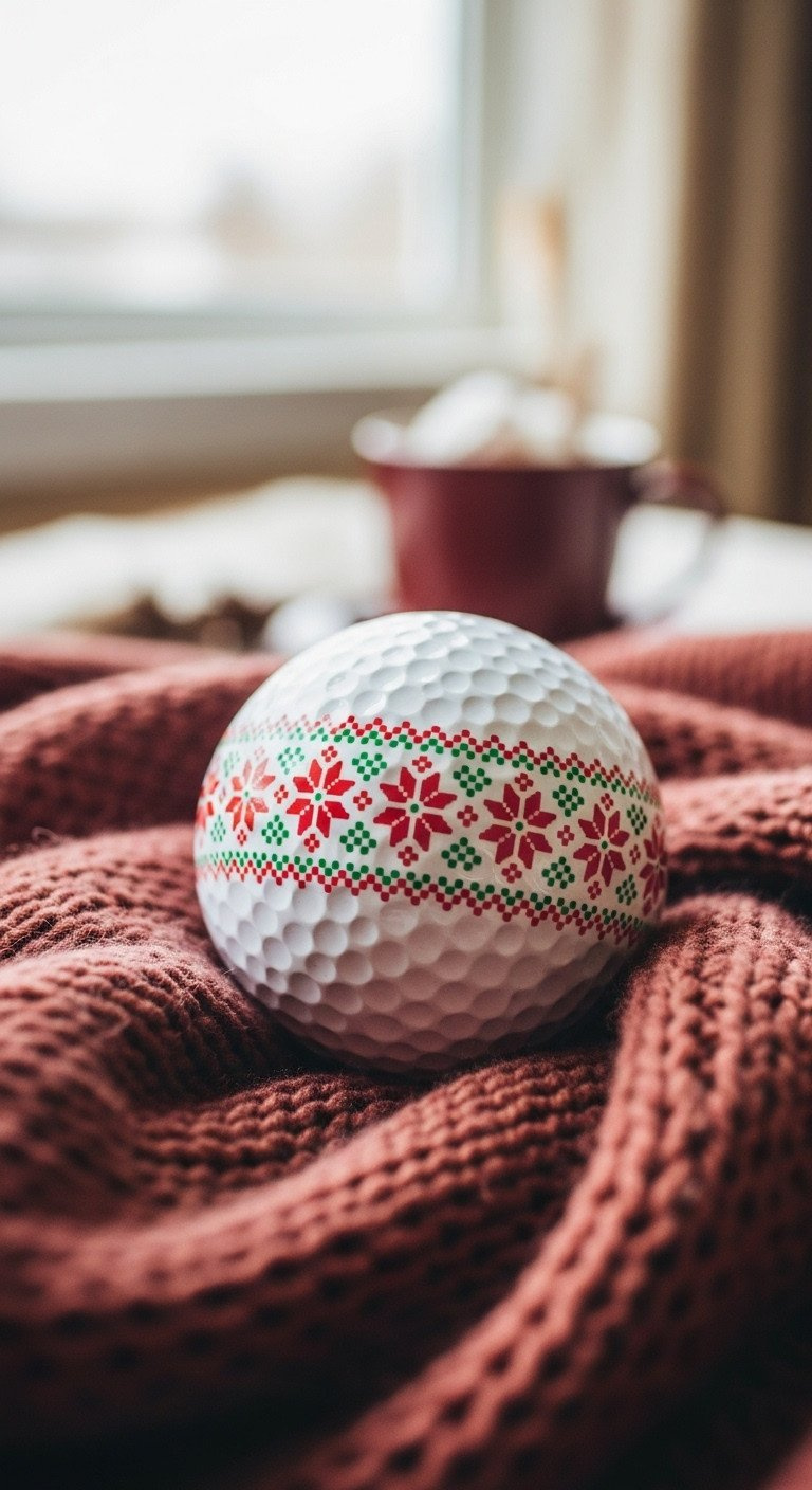 Macro Photo Of A Golf Ball With A Detailed Red And Green Fair Isle Christmas Sweater Pattern, Nestled In A Cozy Knit Sweater.