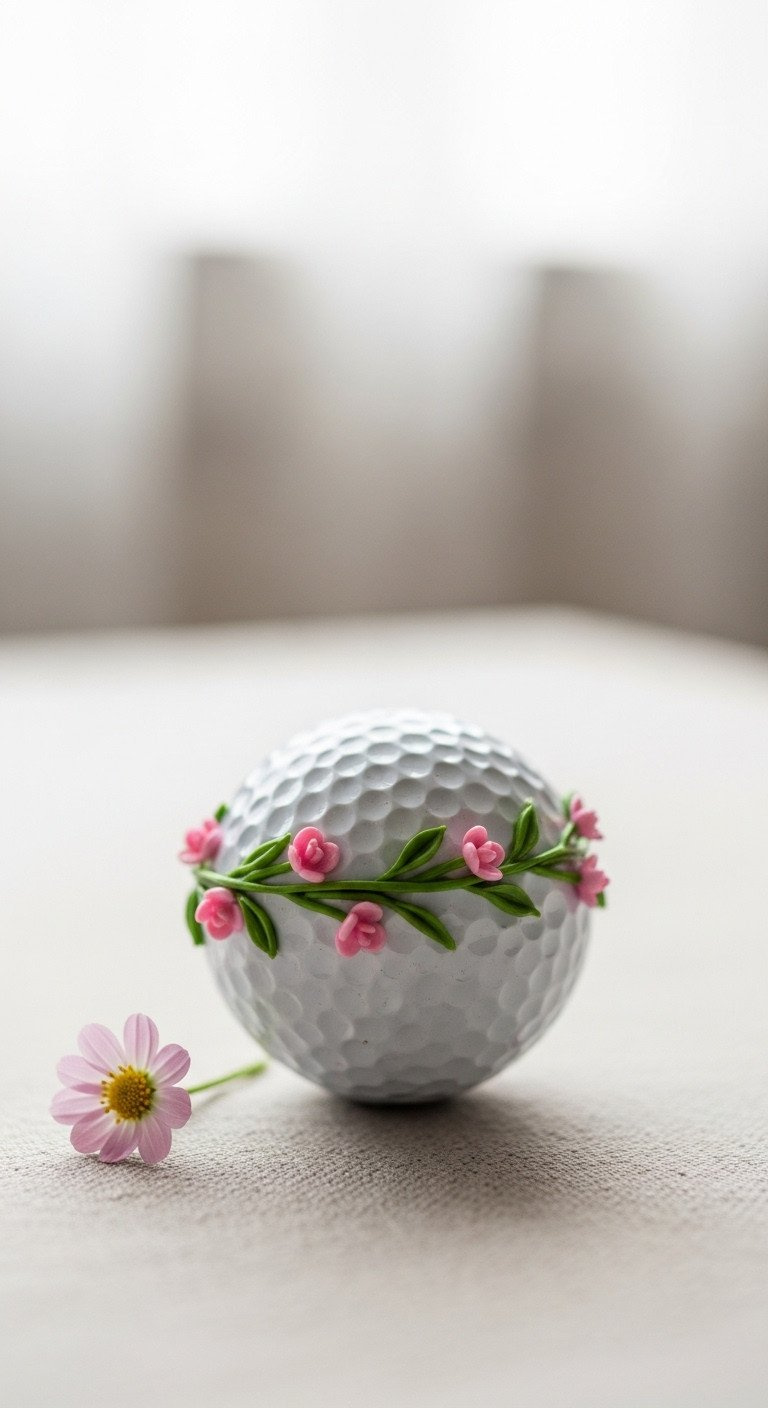 13 Cool Sharpie Golf Ball Designs With Step By Step Tips Macro Photo Of A Golf Ball With A Hand-Drawn Delicate Green Vine And Small Pink Flowers Resting On A Linen Tablecloth.