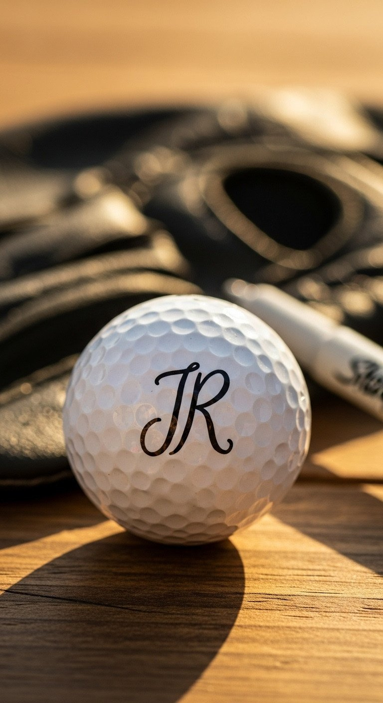 Macro Photo Of A White Golf Ball With A Personalized, Hand-Drawn 'Jr' Monogram In Elegant Black Script On A Rustic Table.