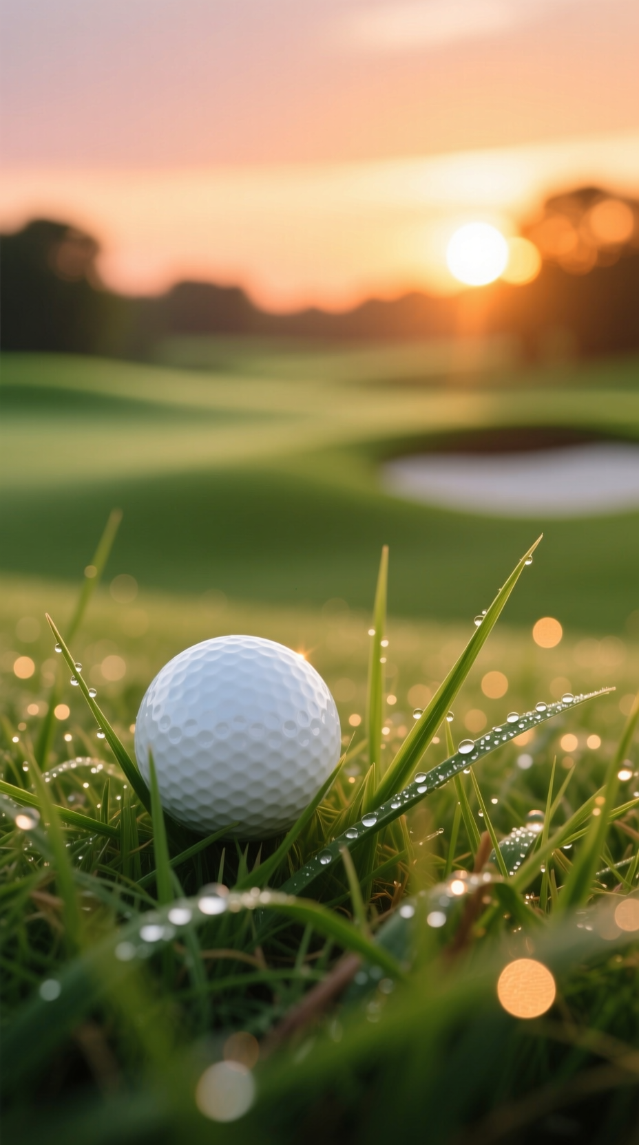 11 Golf Sunset Aesthetic Ideas For Breathtaking Photos Macro Photo Of A White Golf Ball With Dimpled Texture Nestled In Long Green Grass With A Blurred Sunset In The Background.