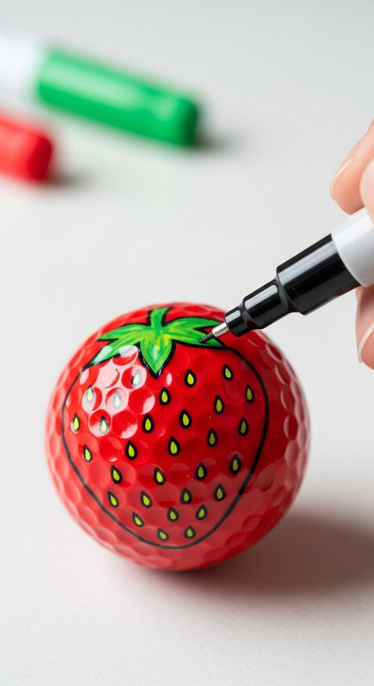 Macro Photo Shows A Hand Adding Final Details By Drawing Black Seeds On A Red Strawberry Design On A Golf Ball Craft.